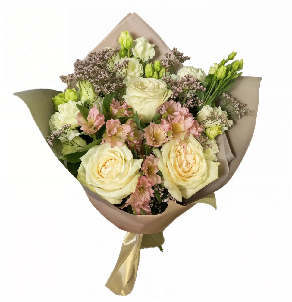 Букет цветов из: Розы, Лизиантусы и Альстромерии