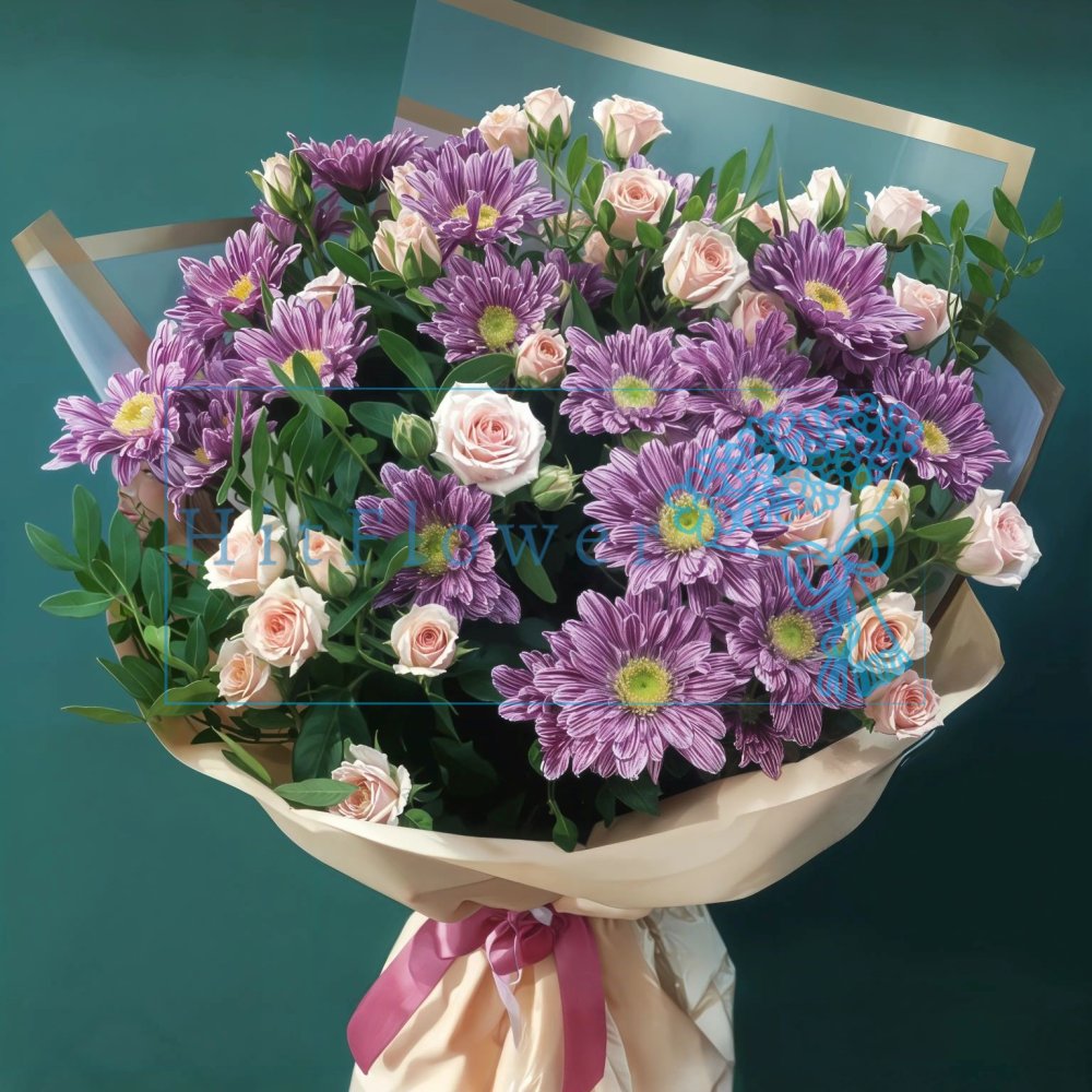 Букет цветов из: Хризантемы и Розы